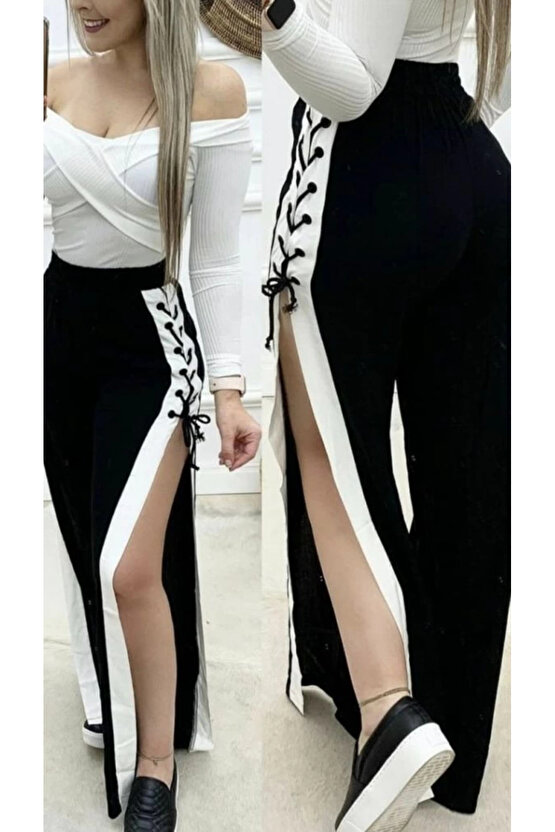 MDB Kadın Yüksek Bel Yandan çapraz Bağcıklı Yırtmaçlı Viskon Iki Iplik Pantolon