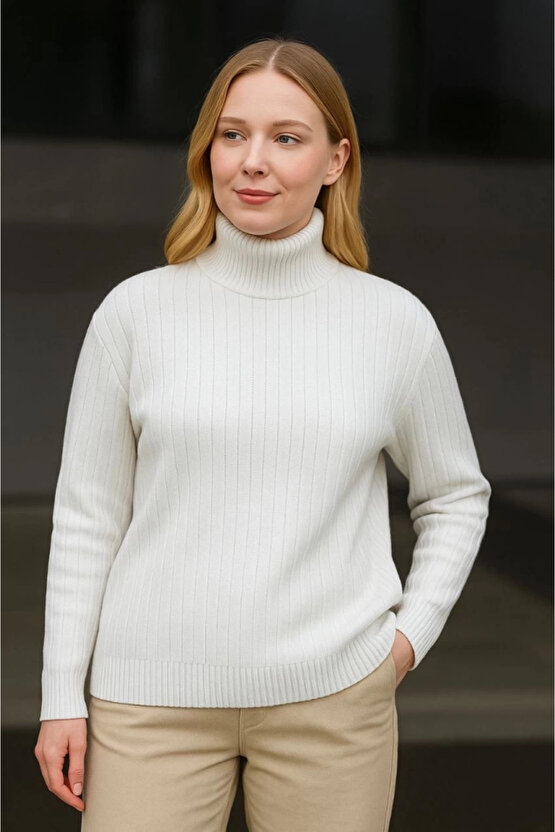 Balıkcı Yaka Bağazlı Triko Kazak Pamuklu Kalın Fitilli Dokuma - Beyaz