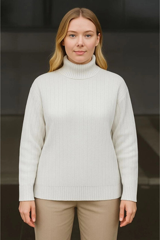 Balıkcı Yaka Bağazlı Triko Kazak Pamuklu Kalın Fitilli Dokuma - Beyaz