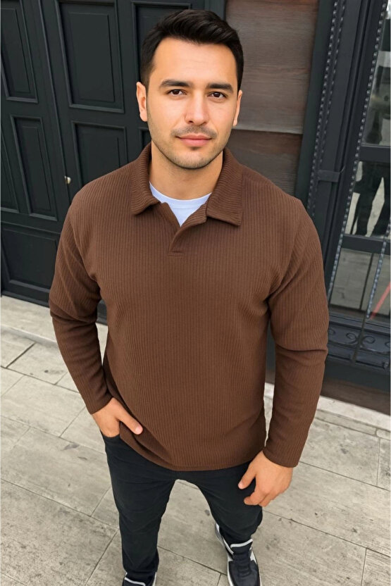 Erkek Fitilli Polar Sweatshirt – Düğmesiz Polo Yaka, Oversize Rahat Kalıp, Kalın Polar Kumaş, Kışlık