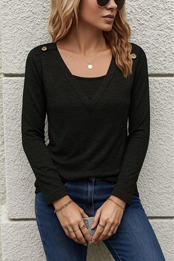 Kadın Uzun Kollu V Yaka Düğme Detaylı Yumoş Bluz