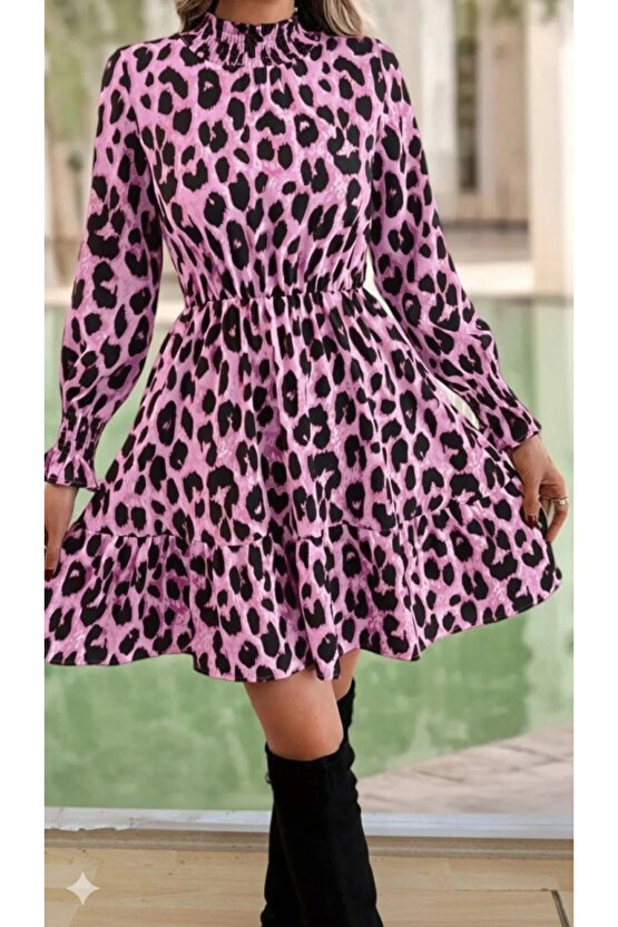 MDB Kadın Uzun Kollu Yarı Balıkçı Yaka Leopar Desenli Modal Mini Elbise