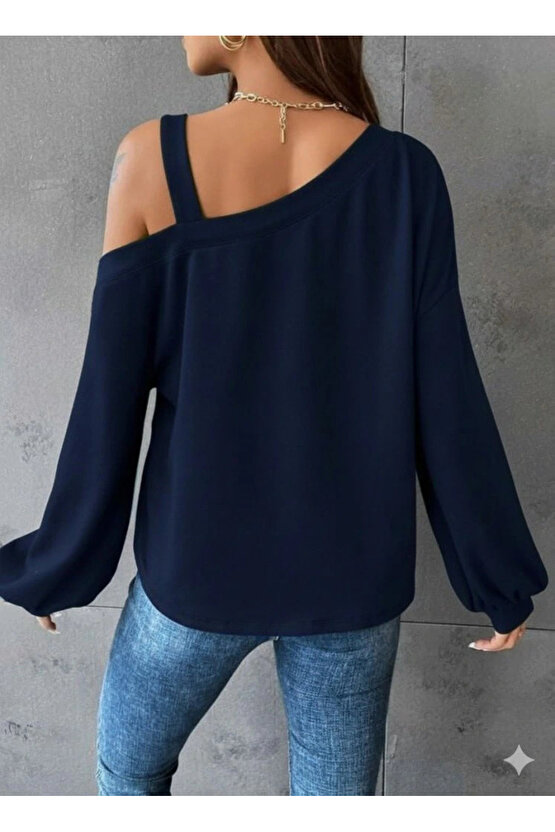 Kadın Uzun Kollu Tek Omuz Askı Detay Salaş Viskon Iki Iplik Bluz