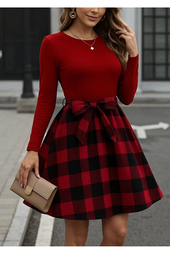 Kadın Uzun Kollu Bisiklet Yaka üst Viskon Alt Ekose Kısa Elbise