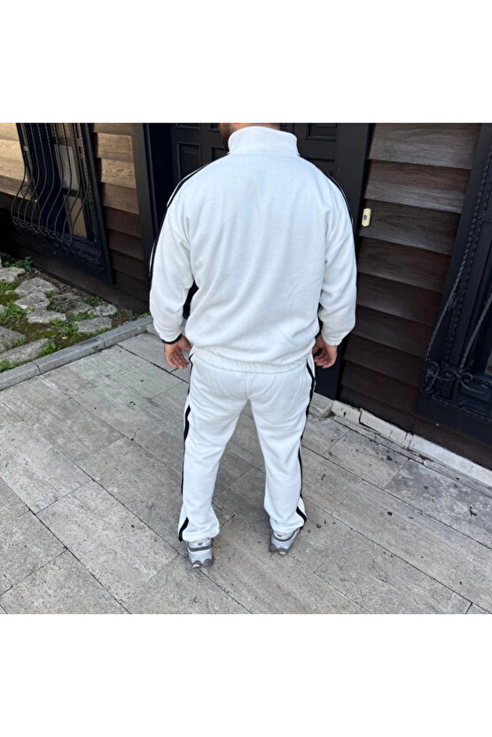 Erkek Çift Şeritli Eşofman Takım Dik Yaka Fermuarlı Sweatshirt Boru Paça Alt, Oversize 3 Iplik Pamuk