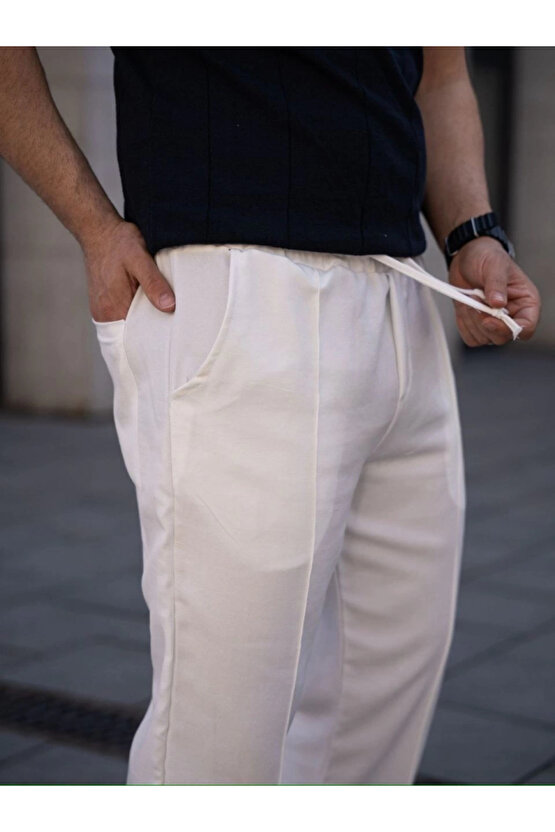 MDB Erkek Keten Cepli Çıma Dikişli Jogger Buggy Pantalon Rahat Kalıp Beyaz
