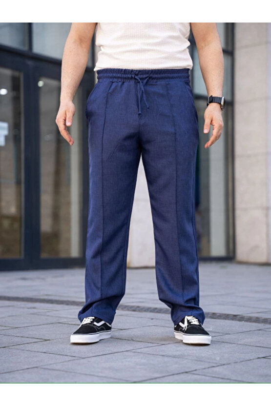 MDB Erkek Keten Cepli Çıma Dikişli Jogger Buggy Pantalon Rahat Kalıp acivert