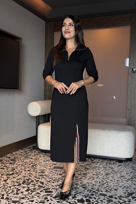 Balıkçı Yaka Önden Fermuarlı Midi Viskon İki İplik Elbise