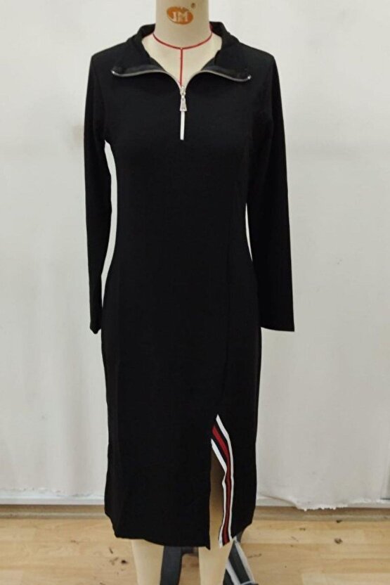 Balıkçı Yaka Önden Fermuarlı Midi Viskon İki İplik Elbise