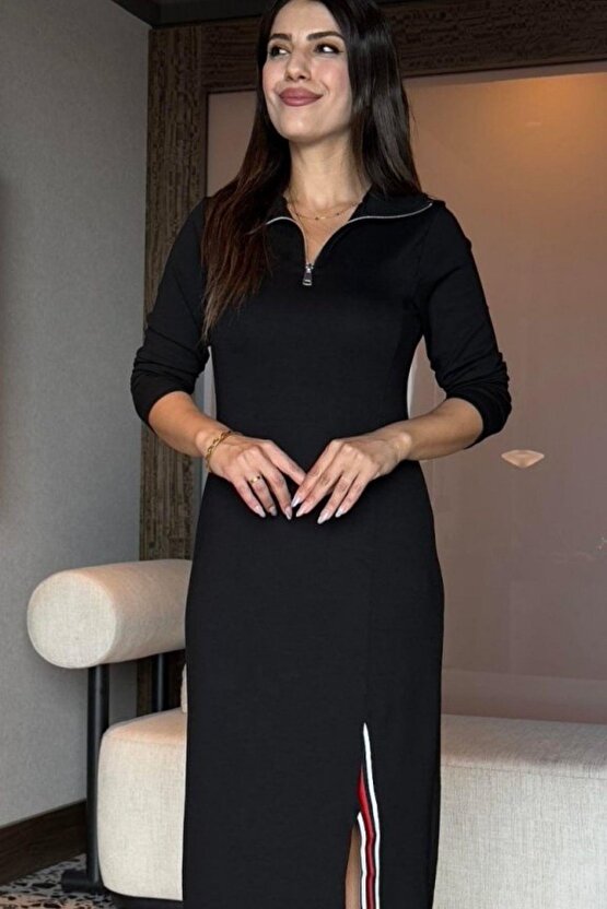 Balıkçı Yaka Önden Fermuarlı Midi Viskon İki İplik Elbise