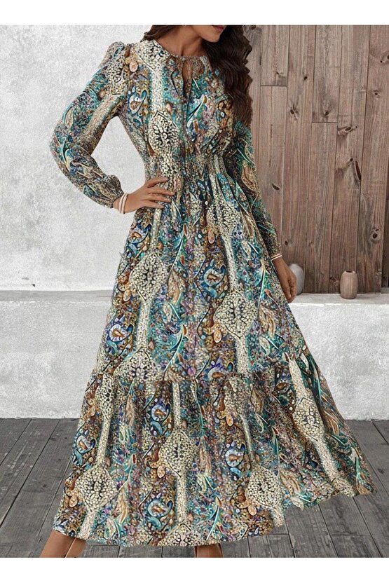 Kadın Uzun Kollu Uakadabağcıklı Beli Lastikli Desenli Uzun Süprem Elbise