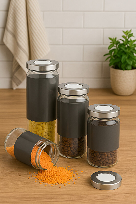 4’lü Cam Saklama Kavanozu Seti – Paslanmaz Çelik Kapaklı, Gri Tasarımlı Hava Geçirmez Erzak Kavanozu