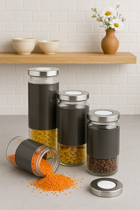 4’lü Cam Saklama Kavanozu Seti – Paslanmaz Çelik Kapaklı, Gri Tasarımlı Hava Geçirmez Erzak Kavanozu