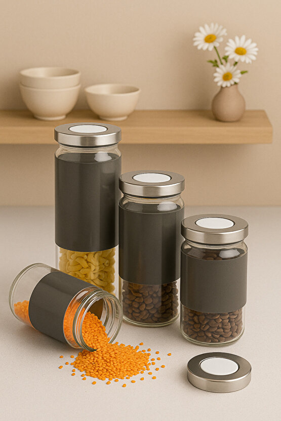 4’lü Cam Saklama Kavanozu Seti – Paslanmaz Çelik Kapaklı, Gri Tasarımlı Hava Geçirmez Erzak Kavanozu
