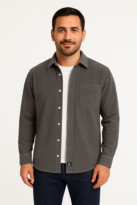 Erkek Fitilli Kadife Cepli Gömlek Oversize Rahat Kalıp - Füme
