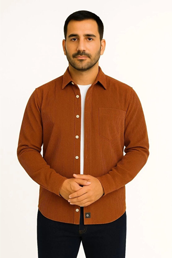 Erkek Fitilli Kadife Cepli Gömlek Oversize Rahat Kalıp - Kahverengi
