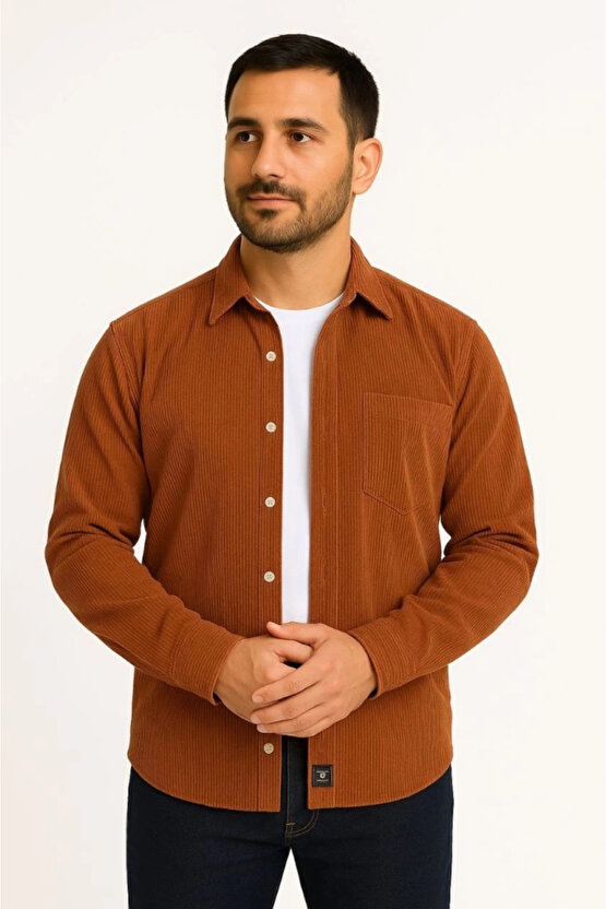 Erkek Fitilli Kadife Cepli Gömlek Oversize Rahat Kalıp - Kahverengi