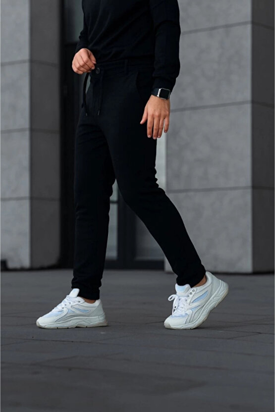 Erkek Diagonel Mikro Dokulu Cepli Pantolon - Siyah