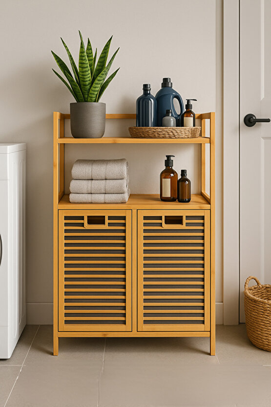 Bambu 2 Kapaklı 240 Lt Çamaşır Sepeti Banyo Düzenleyici 90x82,5x33 cm Açık Raflı Çok Amaçlı Dolap