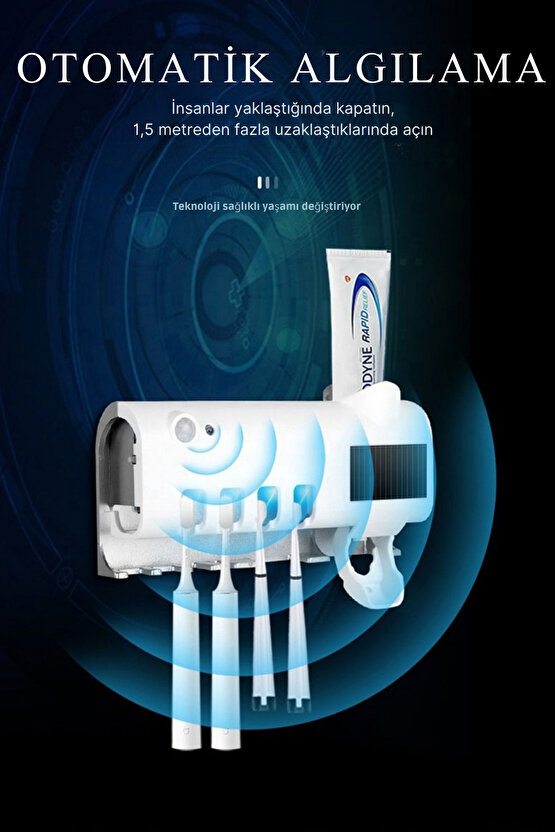 Duvara Monte Otomatik Diş Macunu Sıkıcı + 4’lü Diş Fırçalık Seti – Temassız Hijyenik Dağıtıcı
