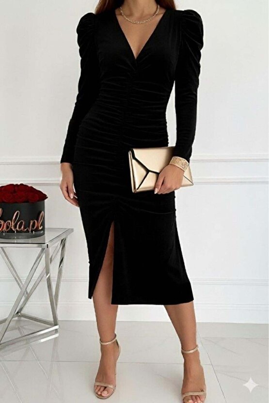 Kadın Uzun Kollu Derin Kruvaze Yakalı önden Büzgülü Yırtmaç Detaylı Kadife Midi Elbise