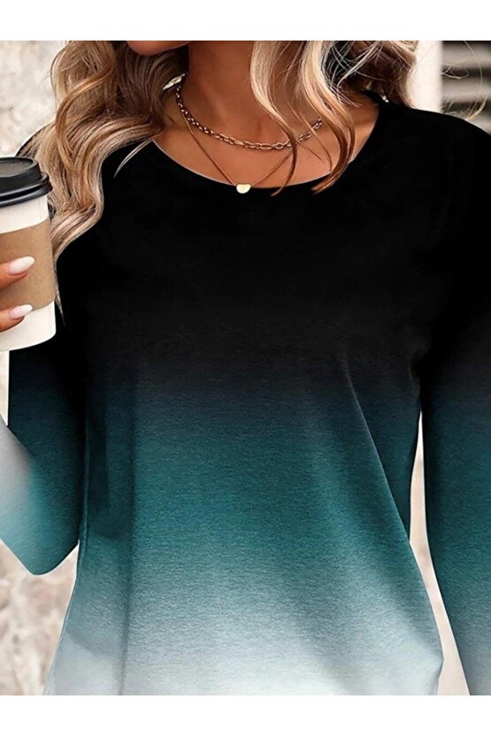 Kadın Uzun Kollu Bisiklet Yaka Desenli Süprem Bluz