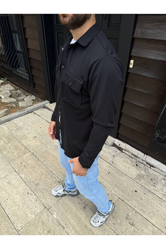 Erkek Diagonal Kumaş Cepli Çıtçıtlı Uzun Kollu, Gömlek Oversize Rahat Kalıp Günlük Şık Stil - Siyah
