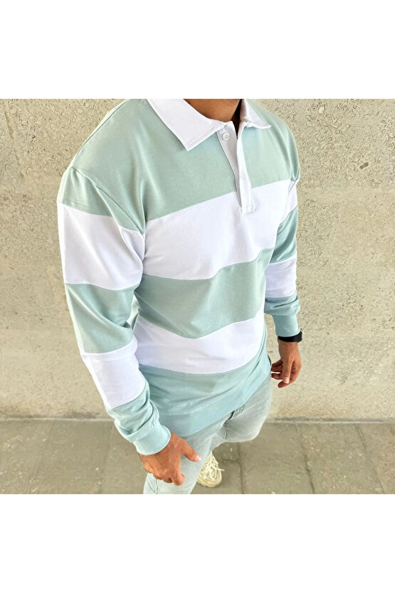 Erkek Polo Yaka Uzun Kollu Çizgili Sweatshirt Trend Rugby Stil - Çağla Yeşili