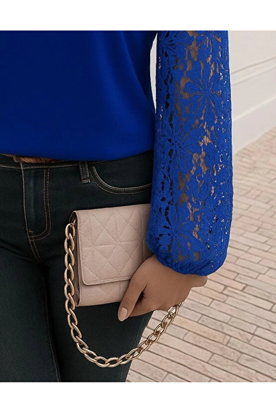 Kadın Uzun Kollu Asimetrik Yakalı Dantelli Ithal Krep Bluz