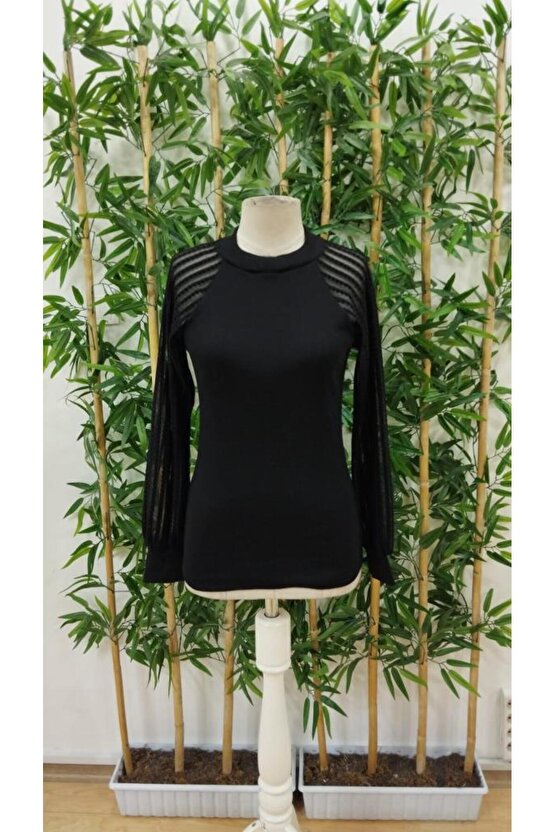 Kadın Uzun Kollu Tül Detaylı Bisiklet Yakalı Kaşkorse Bluz