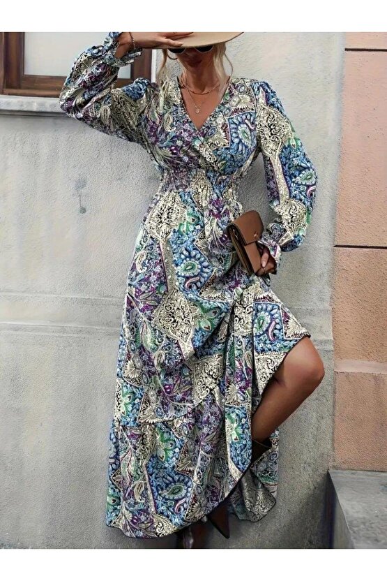 Kadın Uzun Kollu Kruvaze Yakalı Desenli Süprem Maxi Elbise