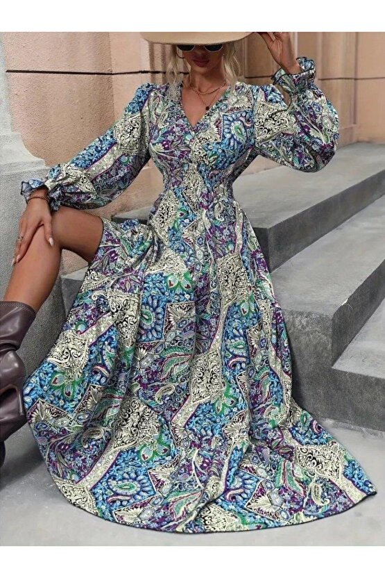 Kadın Uzun Kollu Kruvaze Yakalı Desenli Süprem Maxi Elbise