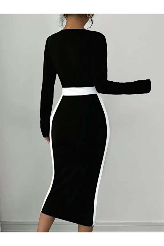 Kadın Uzun Kollu Geometrik Yaka Midi Ithal Krep Elbise