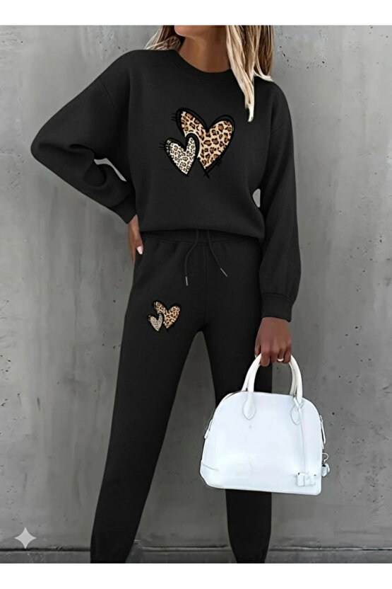 Kadın Uzun Kollu Bisiklet Yaka Kalp Desenli şardonlu üç Iplik Bluz Ve Pantolon Ikili Takım