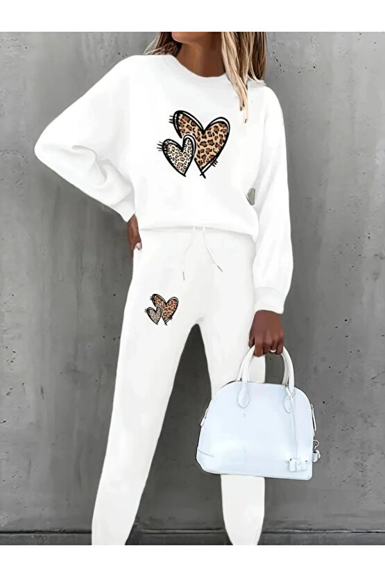 MDB Kadın Uzun Kollu Bisiklet Yaka Kalp Desenli şardonlu üç Iplik Bluz Ve Pantolon Ikili Takım