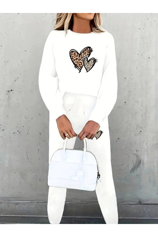 MDB Kadın Uzun Kollu Bisiklet Yaka Kalp Desenli şardonlu üç Iplik Bluz Ve Pantolon Ikili Takım