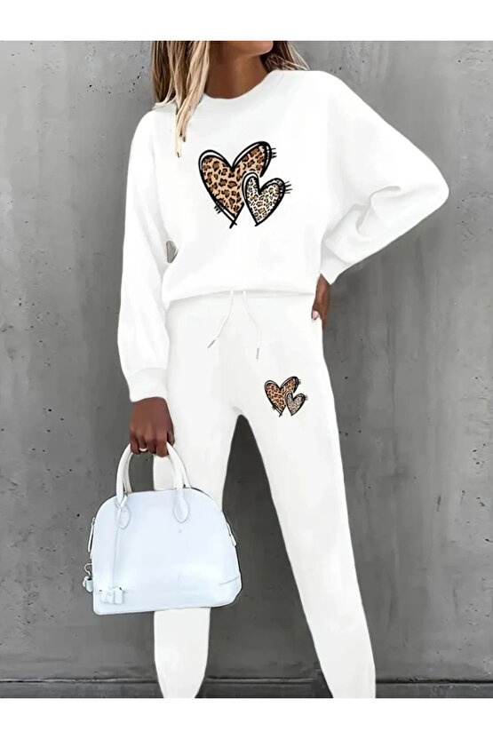 MDB Kadın Uzun Kollu Bisiklet Yaka Kalp Desenli şardonlu üç Iplik Bluz Ve Pantolon Ikili Takım