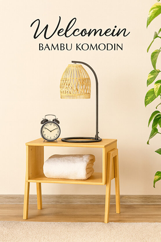 Doğal Bambu Komodin – Şık ve Minimalist Yan Sehpa  Kitaplık  Gece Lambası Ünitesi
