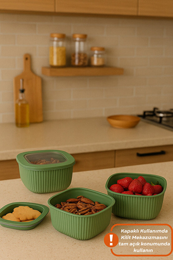 3lü Renkli Kilitli Kapaklı Saklama Kabı Difrize Mikrodalga ve Buzdolabı Uyumlu Düzenleyici