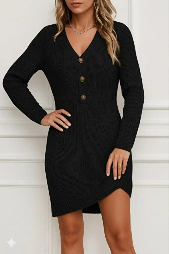 Kadın Uzun Kollu V Yakalı önden Düğmeli Kısa Triko Elbise