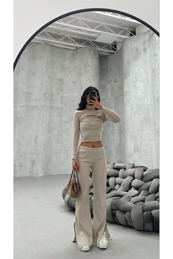 EQURİ Kadın Uzun Kollu Pencere Detay Göğüs Dekolteli Bluz Ve Bol Paça Pantolon Ikili Takim