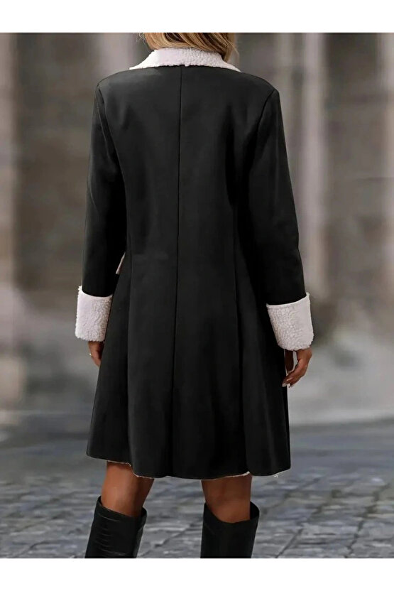 Kadın Uzun Kollu Yakalı Düğmeli Süet Mini Manto
