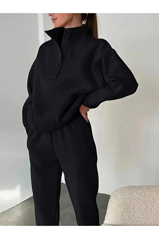 Kadın Uzun Kollu Balıkçı Dik Yakalı Düğmeli üç Iplik Bluz Ve Pantolon Ikili Takım