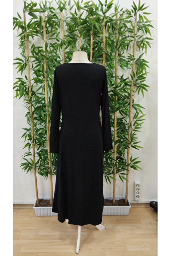 Kadın Uzun Kollu V Yakalı Blok Desenli Viskon Elbise