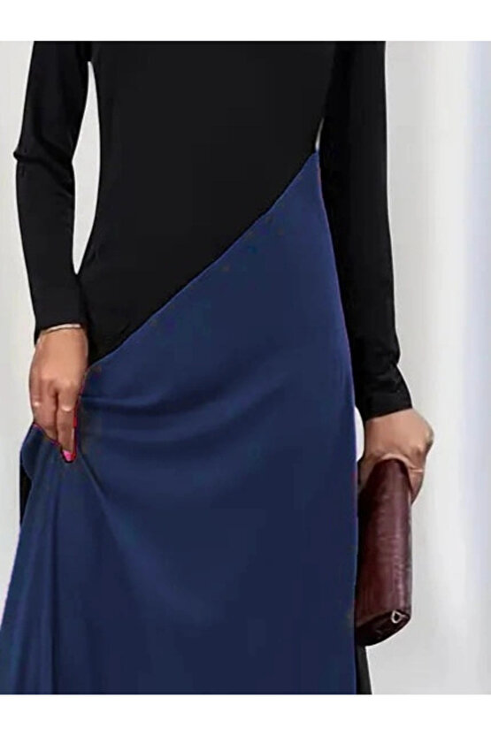 Kadın Uzun Kollu V Yakalı Blok Desenli Viskon Elbise