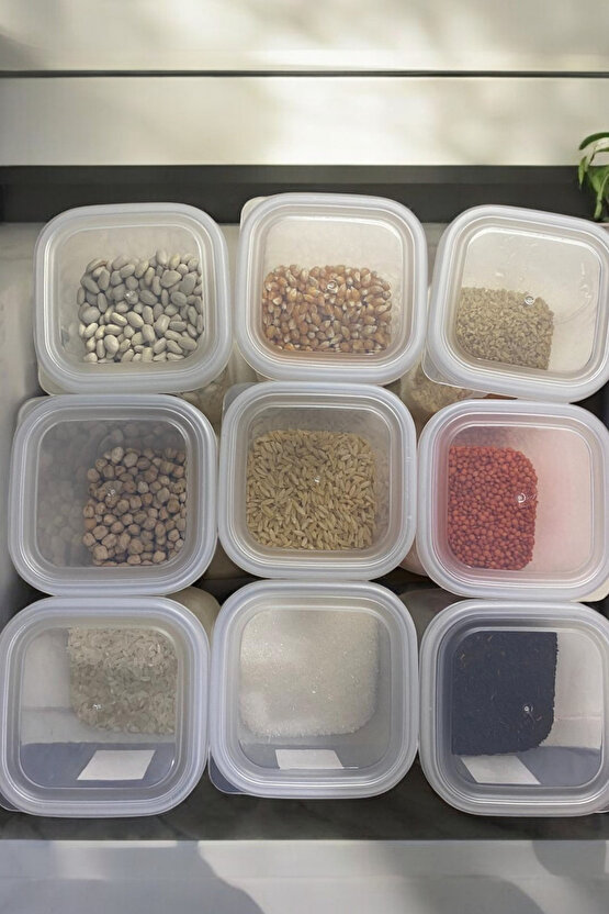 9lu Etiketli Saklama Kabı Gıda Erzak Bakliyat Saklama Kabı Çeyiz Seti - 1,2 Lt Şeffaf