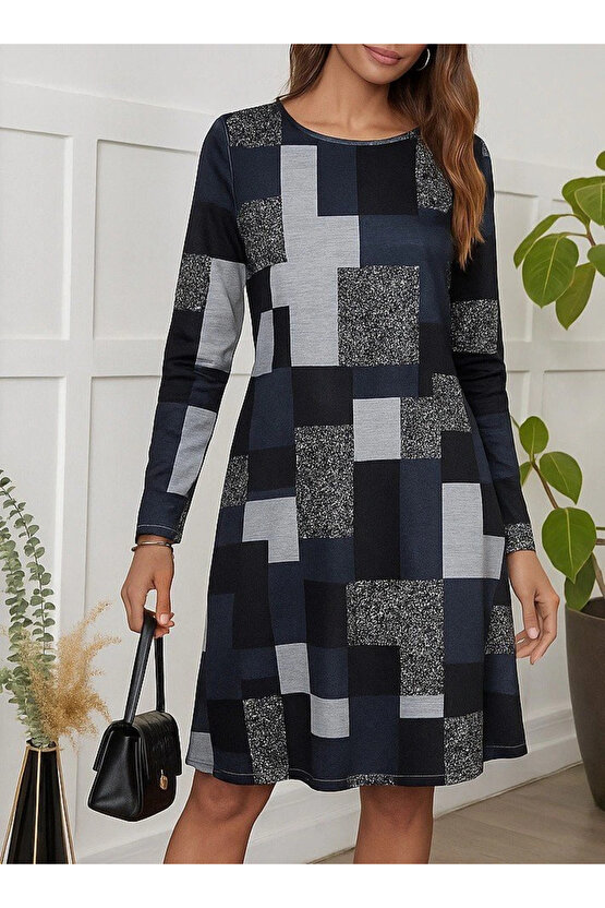 Kadın Uzun Kollu Yuvarlak Yaka Geometrik Süprem Elbise