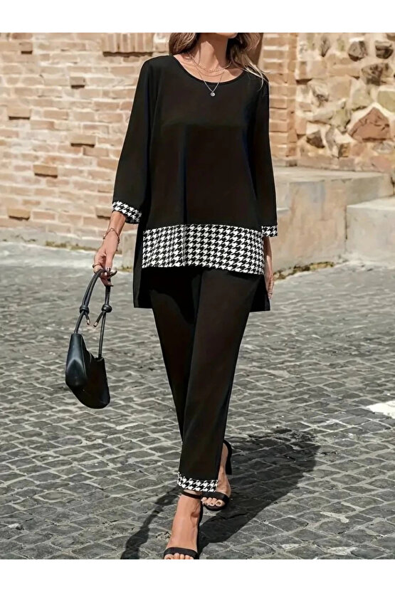 Kadın Uzun Kollu Yuvarlak Yakalı Kaz Ayağı Detaylı Viskon Iki Iplik Bluz Ve Pantolon Ikili Takım