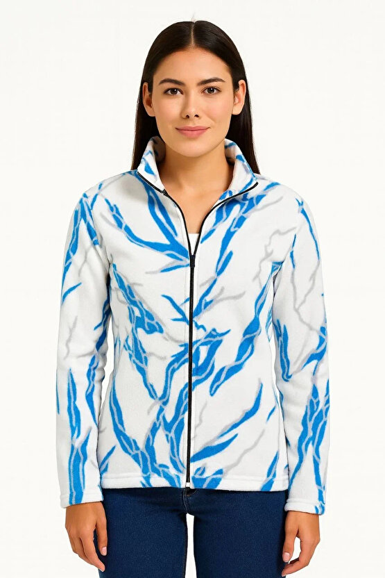 Kadın Tam Fermuarlı Desenli Polar Sweat Lightning Desen Yakalı, Uzun Kollu, Oversize Rahat Kalıp - B