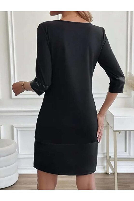 Kadın Uzun Kollu Bisiklet Yaka Deri Detaylı Ithal Krep Elbise